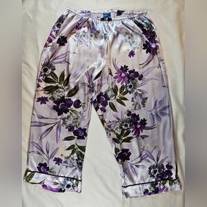Apy 9 Womens Purple Floral Elastic Waist Satin Capri Pajama Pants Size Large